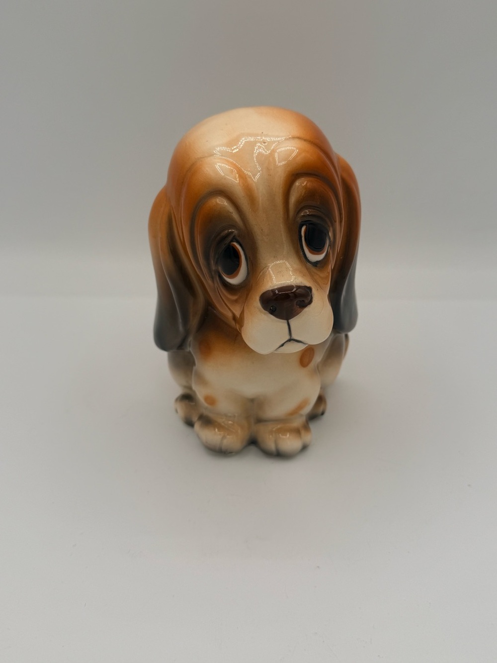 Vintage MCM Ceramic Basset Hound Dog Coin Bank Sad Droopy Eyes Kitsch